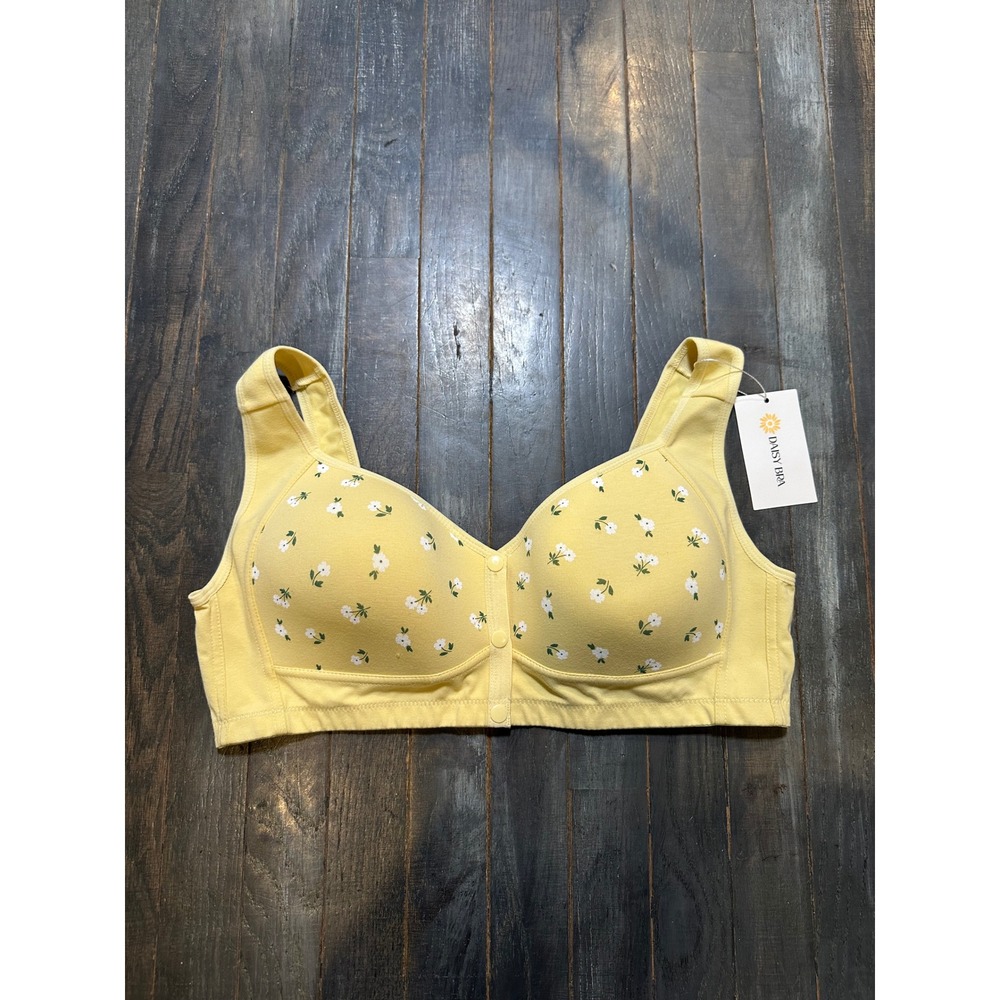 Daisy Bra Womens 2XL Yellow Floral Front Snap Wireless Cotton Comfort Bra